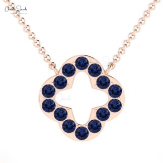 AAA Blue Sapphire Open Clover Necklace With 0.42 Ct Gemstone Pave Set In 14k Gold Jewelry