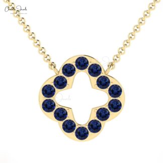 AAA Blue Sapphire Open Clover Necklace With 0.42 Ct Gemstone Pave Set In 14k Gold Jewelry