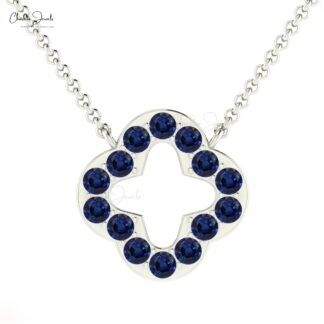 AAA Blue Sapphire Open Clover Necklace With 0.42 Ct Gemstone Pave Set In 14k Gold Jewelry