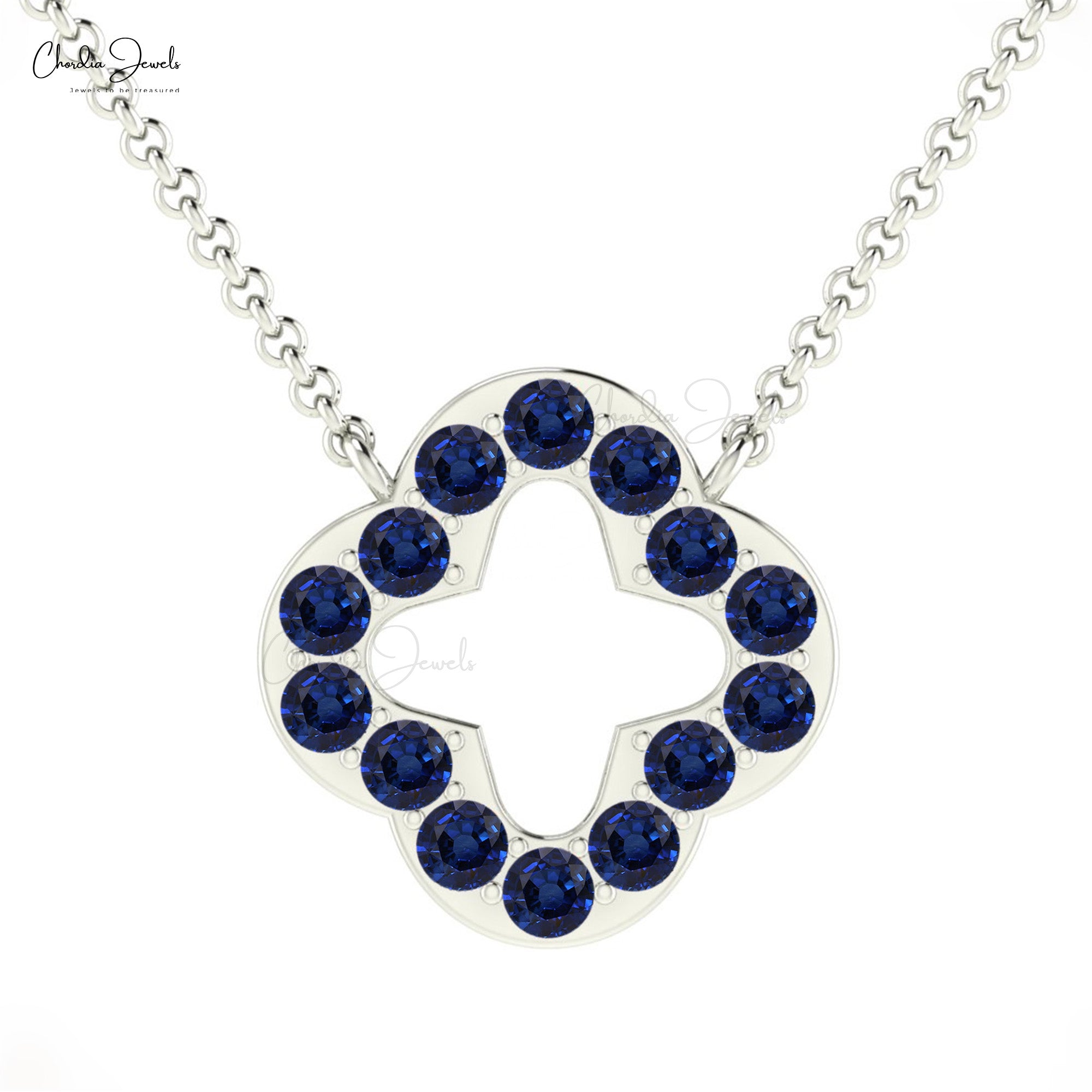 AAA Blue Sapphire Open Clover Necklace With 0.42 Ct Gemstone Pave Set In 14k Gold Jewelry