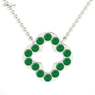 Four Leaf Open Clover Necklace In Pure 14k Gold Emerald 2mm Gemstone Chain Necklaces