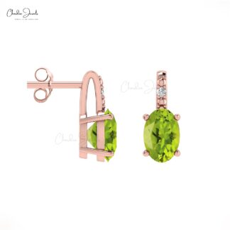 AAA Peridot Minimal Stud Earrings 14k Real Gold Diamond Studs 6x4mm Oval Cut Natural Gemstone Fine Jewelry For Bridesmaid Gift