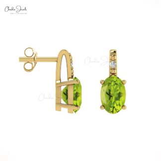 AAA Peridot Minimal Stud Earrings 14k Real Gold Diamond Studs 6x4mm Oval Cut Natural Gemstone Fine Jewelry For Bridesmaid Gift