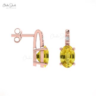 Delicate Yellow Sapphire Earrings 6x4mm Oval Gemstone Minimalist Earrings Genuine 14k Real Gold Diamond Accented Earrings For Fiance Gift