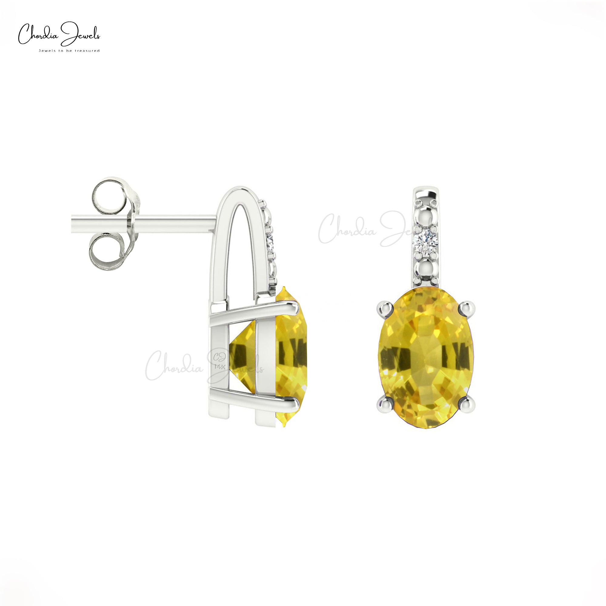 Delicate Yellow Sapphire Earrings 6x4mm Oval Gemstone Minimalist Earrings Genuine 14k Real Gold Diamond Accented Earrings For Fiance Gift