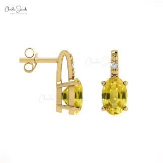 Delicate Yellow Sapphire Earrings 6x4mm Oval Gemstone Minimalist Earrings Genuine 14k Real Gold Diamond Accented Earrings For Fiance Gift