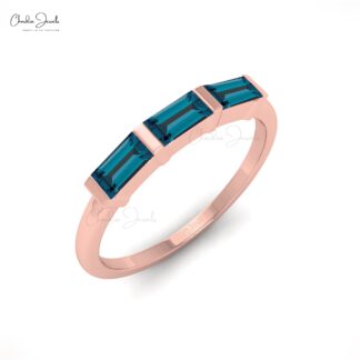 Triple London Blue Topaz Ring In 14k Solid Gold Baguette 4x2mm Gemstone Rings For Her