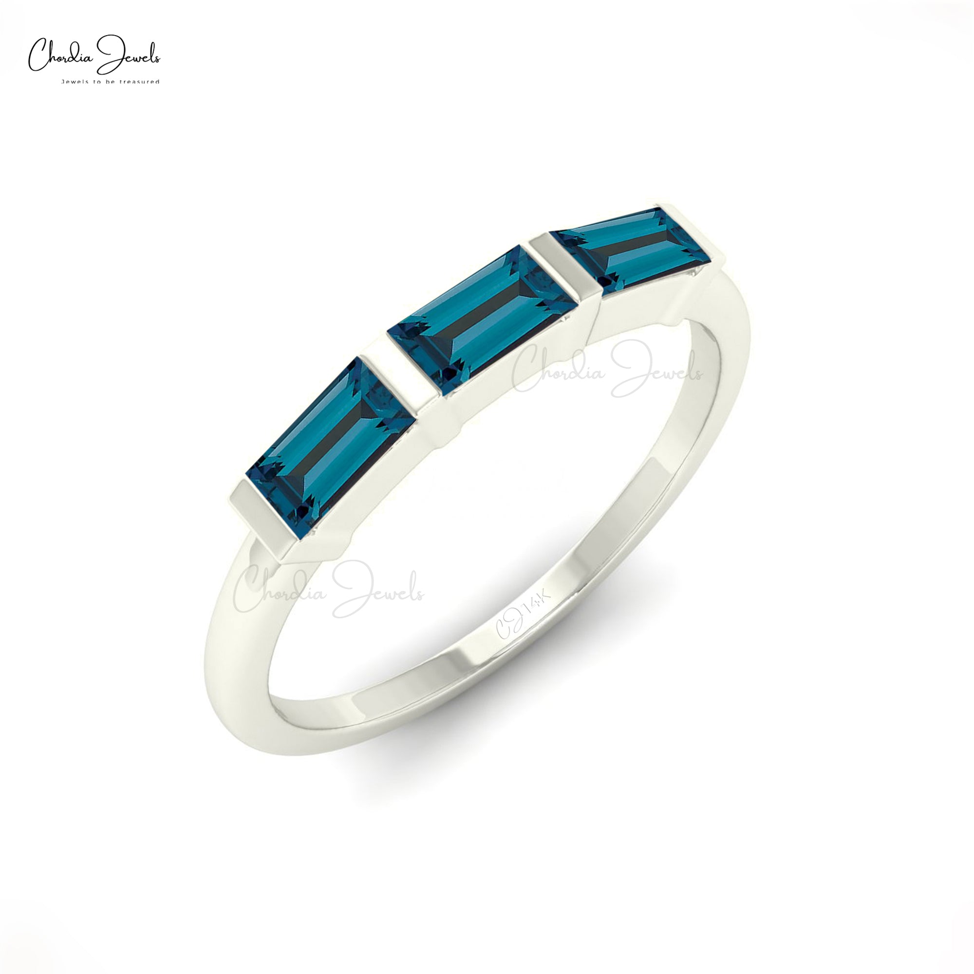 Triple London Blue Topaz Ring In 14k Solid Gold Baguette 4x2mm Gemstone Rings For Her