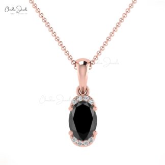 Natural Black Diamond Half Halo Pendant 7x5mm Oval Gemstone Art Deco Pendant 14k Real Gold Hallmarked Fine Jewelry For Easter Day