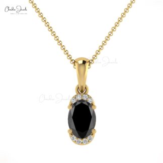 Natural Black Diamond Half Halo Pendant 7x5mm Oval Gemstone Art Deco Pendant 14k Real Gold Hallmarked Fine Jewelry For Easter Day