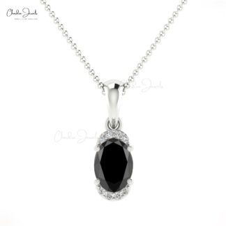 Natural Black Diamond Half Halo Pendant 7x5mm Oval Gemstone Art Deco Pendant 14k Real Gold Hallmarked Fine Jewelry For Easter Day