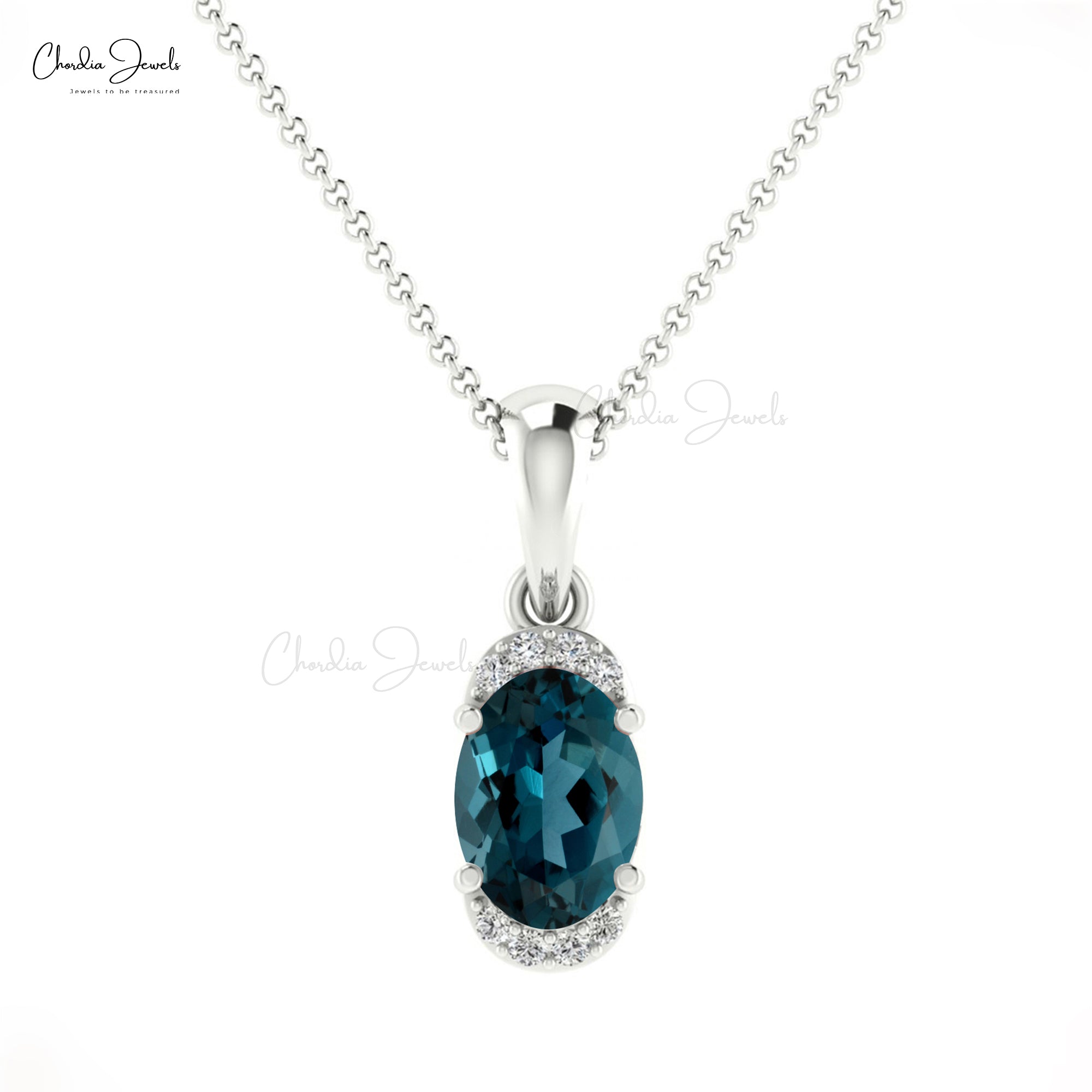 Dainty Diamond Half Halo Pendant With 0.47 Ct London Blue Topaz 14k Solid Gold Unique Pendant