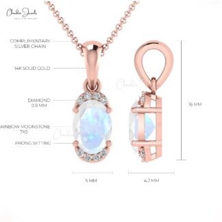 Half Halo Wedding Pendant In 14k Real Gold Moonstone 7x5mm Gemstone Diamond Pendant