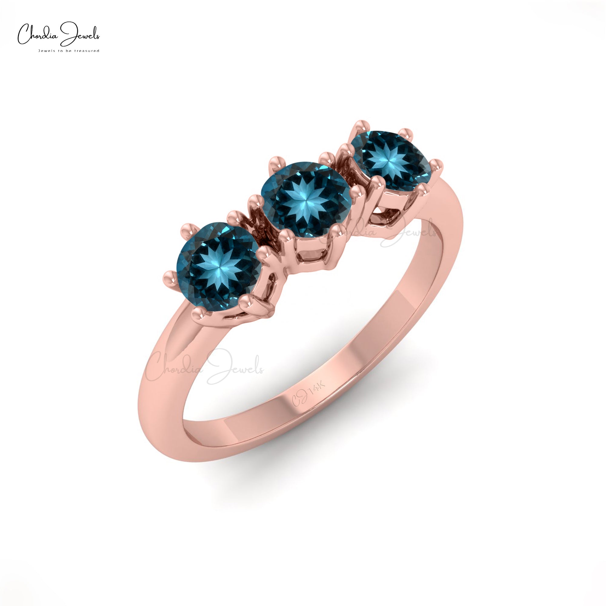 Three Gemstone Ring With 0.75 Ct London Blue Topaz Prong Set In 14k Real Gold Ring