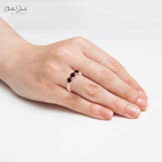 Trio Gemstone Ring In Solid 14k Gold Red Garnet Round Cut Stackable Ring For Mom