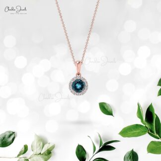 Dainty Diamond Halo Charm In 14k Real Gold London Blue Topaz 4mm Gemstone Pendant