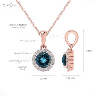 Dainty Diamond Halo Charm In 14k Real Gold London Blue Topaz 4mm Gemstone Pendant