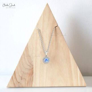 Round Cut Dangle Pendant With 0.32 Ct Moonstone Diamond Halo Pendant In 14k Solid Gold