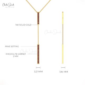 Round Rhodolite Garnet Lariat Drop Chain Pave Necklace in 14k Solid Gold