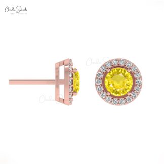 Delicate Yellow Sapphire Dainty Earrings 4mm Round Gemstone Minimalist Studs Genuine 14k Real Gold Diamond Halo Earrings For Fiance Gift