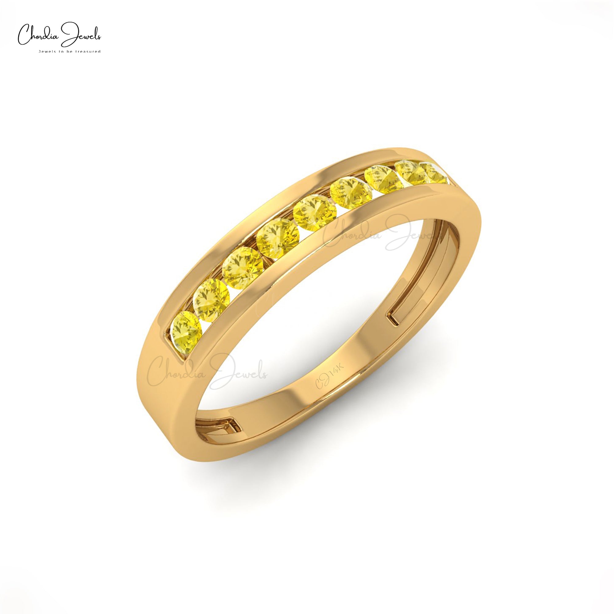 Round Cut Wedding Ring With 2mm Yellow Sapphire Channel Set In 14k Gold Band Rings