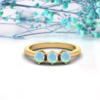 Round Cut 3 Stone Ring In 14k Solid Gold Fire Opal October Birthstone Rings For Her