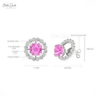 AAA Pink Sapphire Detachable Earrings 14k Real Gold Diamond Halo Studs 4mm Round Cut Natural Gemstone Light Weight Jewelry For Women’s