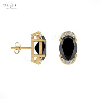 Genuine Black Diamond Pave Set Earrings 7x5mm Oval Cut Natural Gemstone Half Halo Studs 14k Real Gold G-H Diamond Grace Jewelry For Surprise Gift