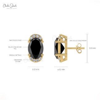 Genuine Black Diamond Pave Set Earrings 7x5mm Oval Cut Natural Gemstone Half Halo Studs 14k Real Gold G-H Diamond Grace Jewelry For Surprise Gift