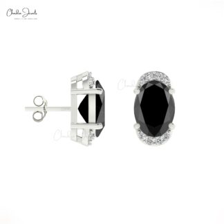 Genuine Black Diamond Pave Set Earrings 7x5mm Oval Cut Natural Gemstone Half Halo Studs 14k Real Gold G-H Diamond Grace Jewelry For Surprise Gift