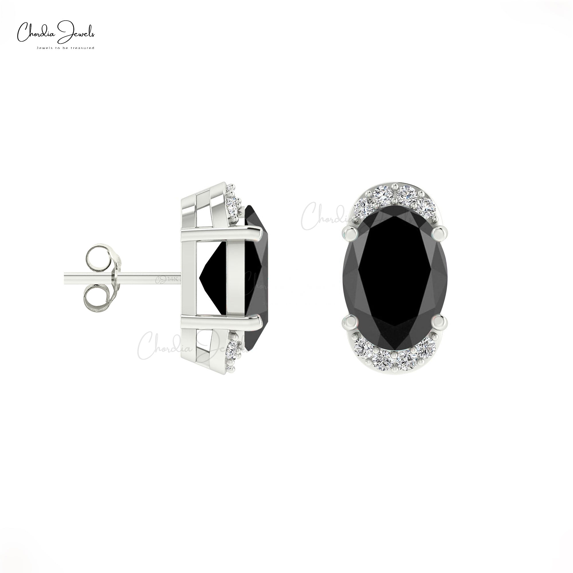 Genuine Black Diamond Pave Set Earrings 7x5mm Oval Cut Natural Gemstone Half Halo Studs 14k Real Gold G-H Diamond Grace Jewelry For Surprise Gift