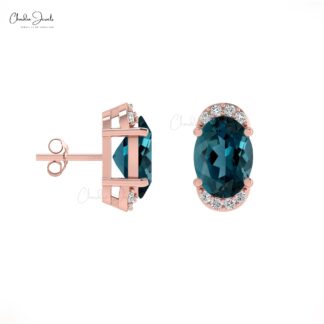 Delicate London Blue Topaz Dainty Earrings 7x5mm Oval Gemstone Minimalist Studs Genuine 14k Real Gold Diamond Pave Set Earrings For Fiance Gift