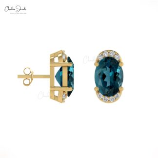 Delicate London Blue Topaz Dainty Earrings 7x5mm Oval Gemstone Minimalist Studs Genuine 14k Real Gold Diamond Pave Set Earrings For Fiance Gift