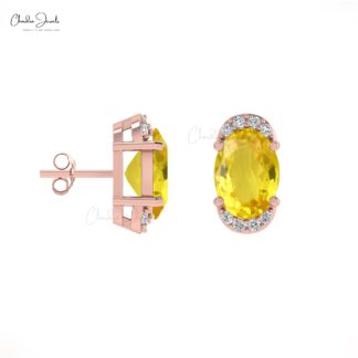 Yellow Sapphire Half Halo Studs 14k Real Gold Diamond Handmade Earrings 7x5mm Oval Cut Natural Gemstone Earrings For Birthday Gift