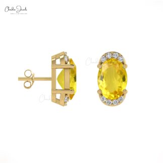 Yellow Sapphire Half Halo Studs 14k Real Gold Diamond Handmade Earrings 7x5mm Oval Cut Natural Gemstone Earrings For Birthday Gift
