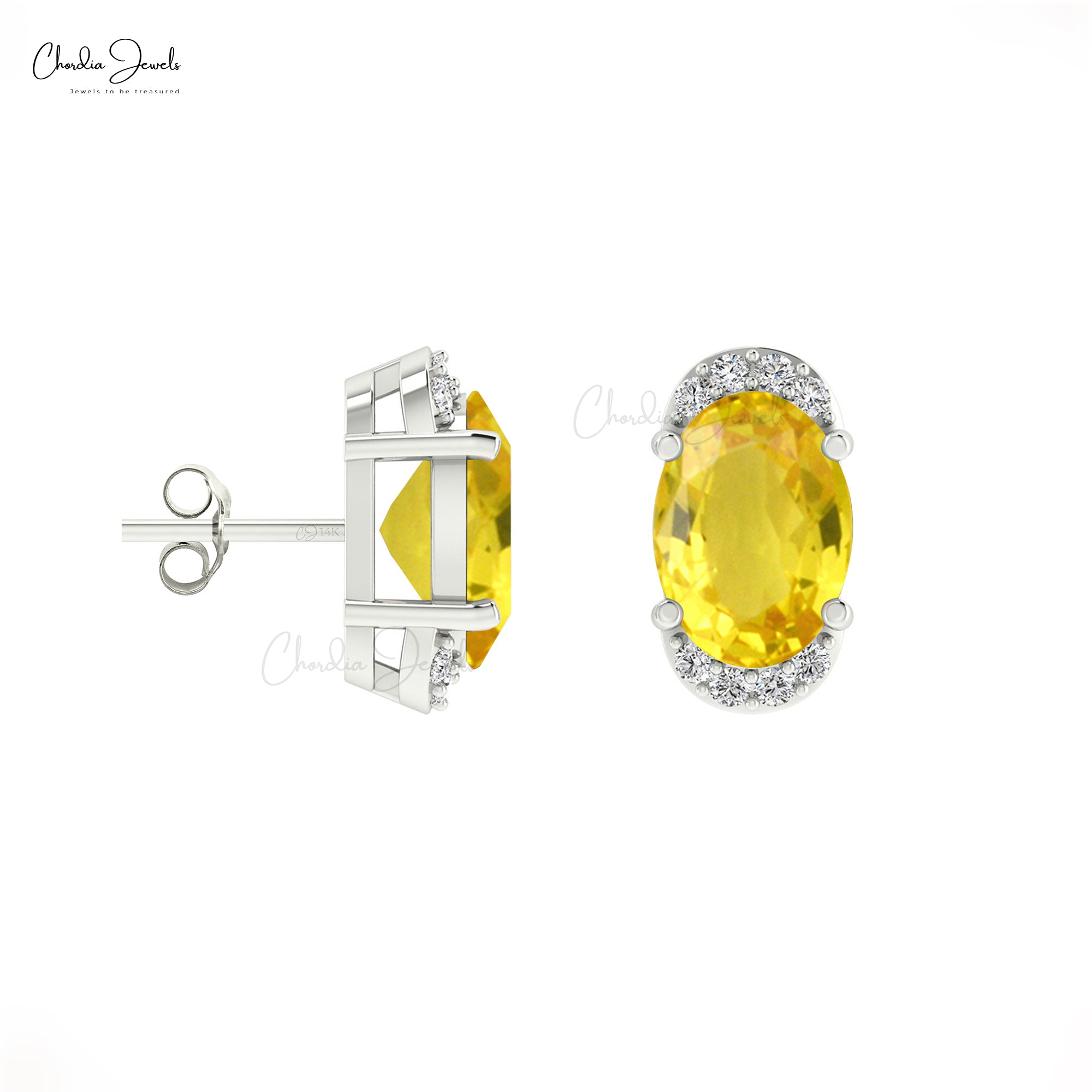 Yellow Sapphire Half Halo Studs 14k Real Gold Diamond Handmade Earrings 7x5mm Oval Cut Natural Gemstone Earrings For Birthday Gift