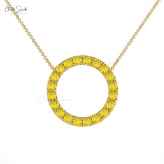 Real 14k Gold Open Circle Pendant With 2mm Yellow Sapphire Handmade Chain Necklace