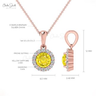 Solid 14k Gold Halo Pendant With 4mm Yellow Sapphire Gemstone Wedding Minimalist Jewelry