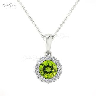 Dainty Diamond Halo Charm With 4mm Peridot Prong Set In 14k Pure Gold Dangle Pendant