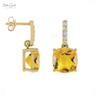 Yellow Citrine Dangle Earrings 6mm Cushion Cut Natural Gemstone Earrings 14k Real Gold G-H Diamond Grace Jewelry For Surprise Gift