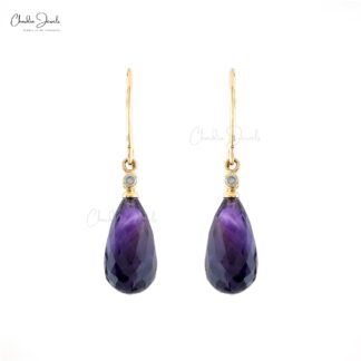 Genuine Purple Amethyst 15x7mm Drop Earrings 14k Real Gold Diamond Fish Hook Dangle Earrings Hallmarked Jewelry For Women’s