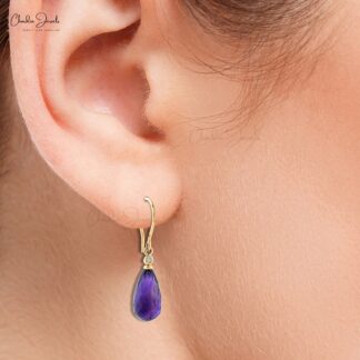 Genuine Purple Amethyst 15x7mm Drop Earrings 14k Real Gold Diamond Fish Hook Dangle Earrings Hallmarked Jewelry For Women’s