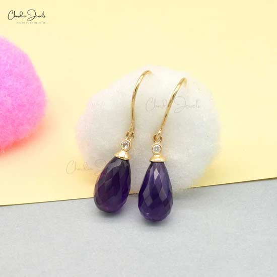 Genuine Purple Amethyst 15x7mm Drop Earrings 14k Real Gold Diamond Fish Hook Dangle Earrings Hallmarked Jewelry For Women’s