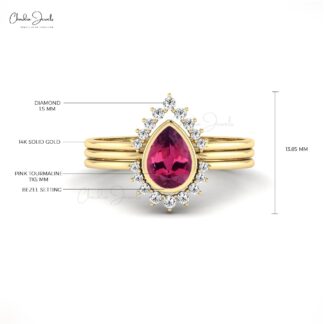 AAA Pink Tourmaline Diamond Stackable Ring With 7x5mm Gemstone 14k Real Gold Jewelry