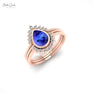Delicate Stacking Halo Ring In Solid 14k Gold Pear Tanzanite & Diamond Layered Ring