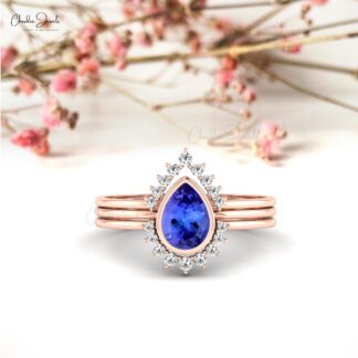 Delicate Stacking Halo Ring In Solid 14k Gold Pear Tanzanite & Diamond Layered Ring