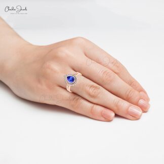 Delicate Stacking Halo Ring In Solid 14k Gold Pear Tanzanite & Diamond Layered Ring