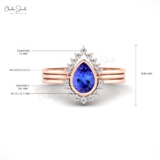 Delicate Stacking Halo Ring In Solid 14k Gold Pear Tanzanite & Diamond Layered Ring