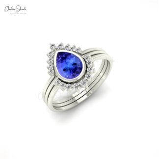 Delicate Stacking Halo Ring In Solid 14k Gold Pear Tanzanite & Diamond Layered Ring