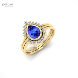Delicate Stacking Halo Ring In Solid 14k Gold Pear Tanzanite & Diamond Layered Ring